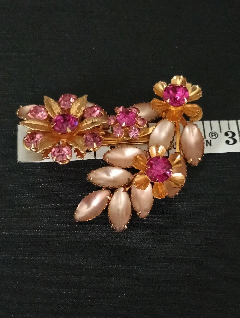 Vintage Judy Lee  1950 Gold Floral Brooch with Pink Gem Accents